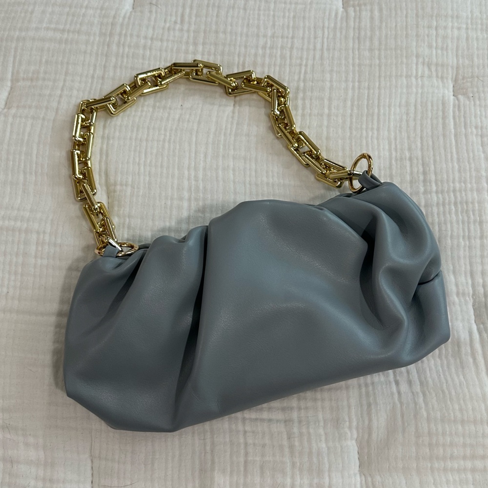 Elegant Blue Gray Clutch with Gold Chain